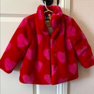 Mini Boden Red Faux-Fur Heart Coat with Pink Hearts